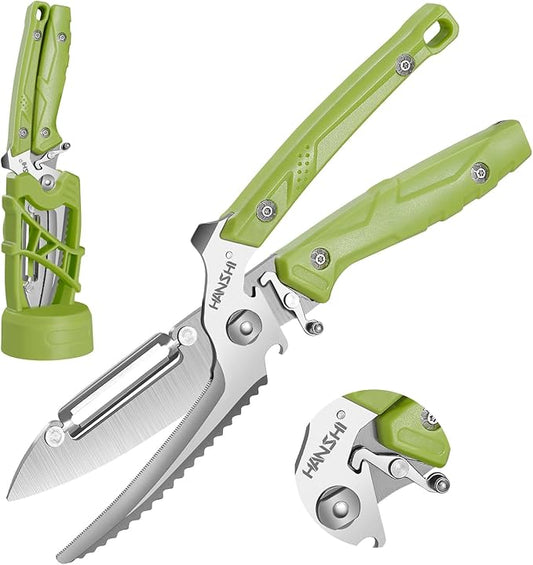 HANSHI Kitchen Shears Heavy Duty Kitchen Scissors with Magnetic Holder, Detachable Multifunctional Poultry Shears for Chicken, Meat, Fish, Turkey, Vegetable,Bone,Gift Box Included (Green)
