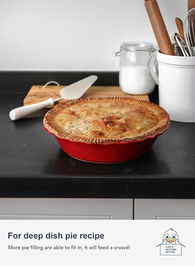 LE TAUCI Ceramic Pie Pans for Baking, 9 Inches Pie Plate for Apple Pie, Pecan Pie, 52 Ounce Deep Pie Dish, Set of 2, Red