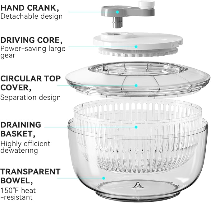 KEOUKE Manual Salad Spinner - Hand-Crank Vegetable & Lettuce Dryer for Washing, Spinning, and Draining Greens, Fruits, and Vegetables - Food-Grade Material, Easy-Clean Detachable Parts 4.2Qt.