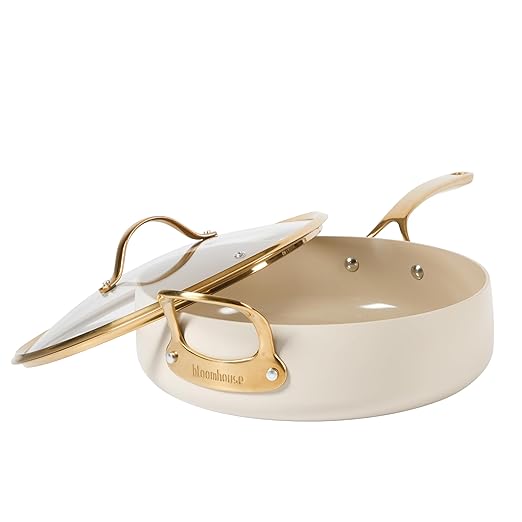 bloomhouse 6 QT Heavy Duty Aluminum Premium PFA Free Ceramic Nonstick Saute/Deep Frying Pan Skillet with Lid - Almond Cream w/Gold Handle