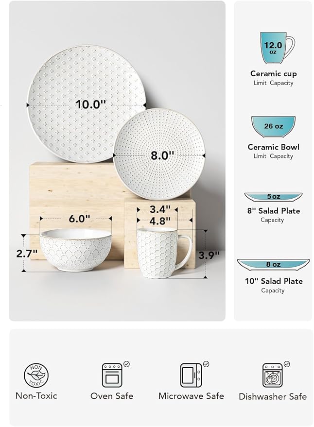 LE TAUCI 16 Piece Dinnerware Set, Arctic White, Stoneware Plates and Bowls With Mugs, Ideal for 4, Serve for 4, Stackable, Lead and Cadmium Free