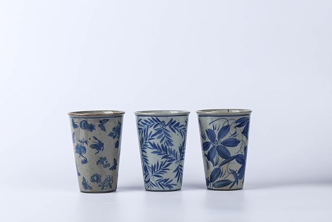 14 oz ceramics Handmade blue and white Retro Coke cups coffee tea set of 4 china Coffee Mugs for Tea, Milk,Dishwasher and Microwave Safe,Free gift soft silicone cover and gift box