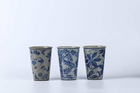 14 oz ceramics Handmade blue and white Retro Coke cups coffee tea set of 4 china Coffee Mugs for Tea, Milk,Dishwasher and Microwave Safe,Free gift soft silicone cover and gift box