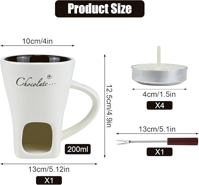Sweet Fondue Cup for Chocolate Cheese Candy Butter - Chocolate Fondue Mug with Fork & 4 Candle, Mini Ceramic Chocolate Melting Cup, Personal Chocolate Melting Pot for Date Night Birthday (White)