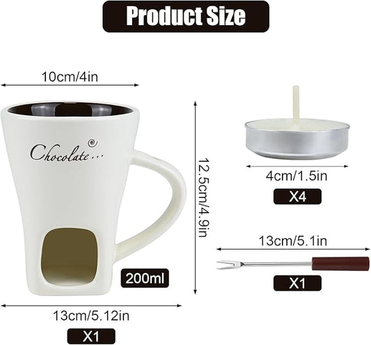 Sweet Fondue Cup for Chocolate Cheese Candy Butter - Chocolate Fondue Mug with Fork & 4 Candle, Mini Ceramic Chocolate Melting Cup, Personal Chocolate Melting Pot for Date Night Birthday (White)