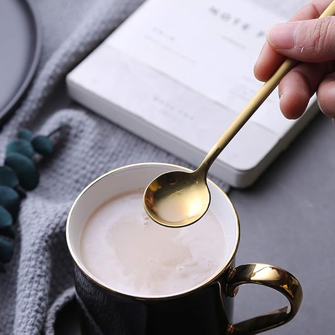 6 Pcs Golden Stainless Steel Round Dessert Spoons - Long Handle for Hot Chocolate, Ice Tea, Latte & Espresso