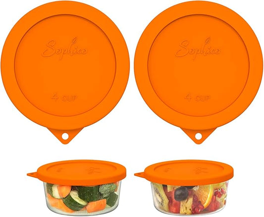 Sophico 4 Cup Round Silicone Storage Cover Lids Replacement for Anchor Hocking and Pyrex 7201-PC Glass Bowls (Container not Included) (Orange-2 Pack)
