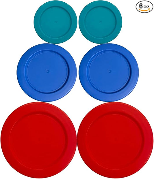 1, 2 & 4 Cup Turquoise, Blue, Red Replacement Lids/Covers for Pyrex, Anchor Hocking & KlareWare Storage Bowls *Lids Only Glass Container Not Included* (6 Pack *Two of Each Size*)
