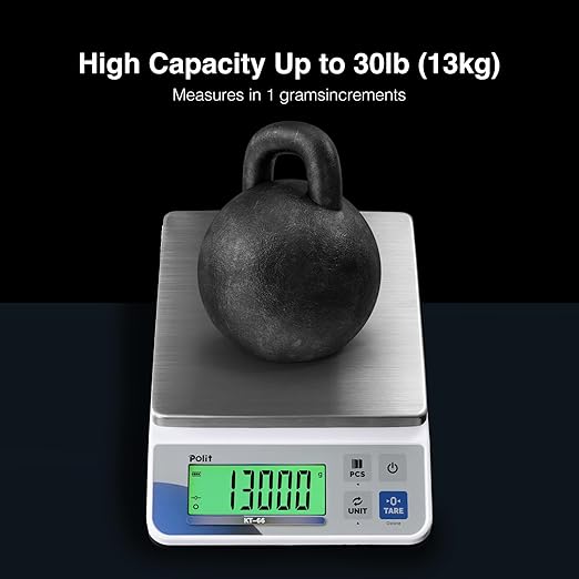 Polit Digital Kitchen Scale KT-66 30lb/13kg|0.05oz/1g Precision Food Scale with LCD Display|Battery or Plug-in|Stainless Steel Top|Grams, Ounces, Pounds|5 Units for Baking, Farming & Shipping Scale