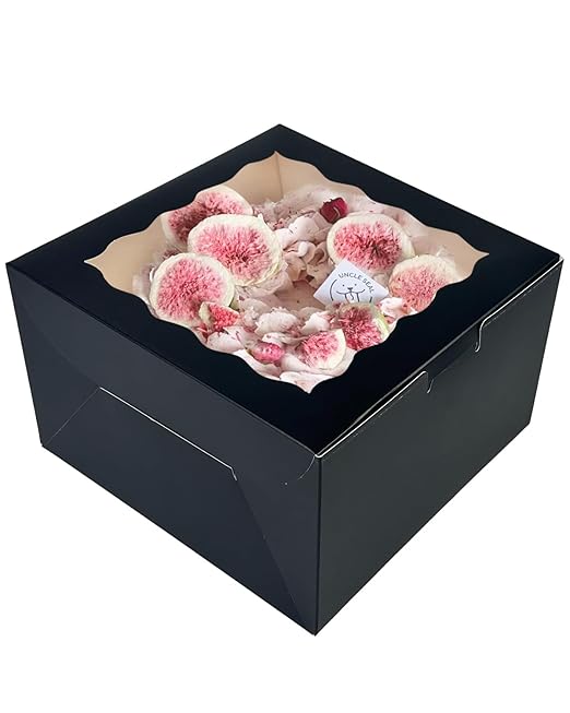 qiqee 10x10x5 Cake Box, 18 Sets Black Cake Box with Window & 18 Sets 10" Black Cake Round Boards, 10inch Cake Containers