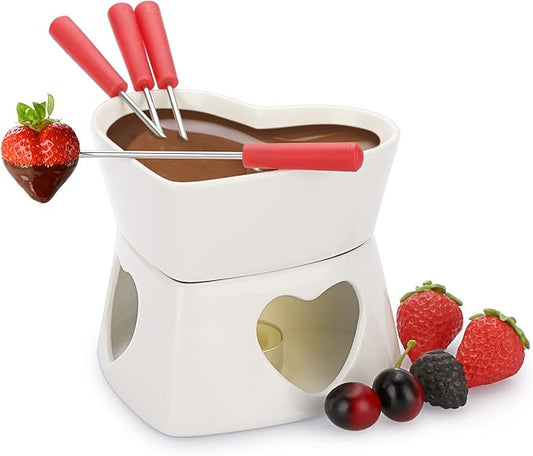 BSTKEY White Ceramic Butter Warmer Set, Heart Shaped Fondue Pot Melting Pot Set, Melt Hot Pot Bowl Set for Cheese Chocolate Butter Caramel, with 4 Forks