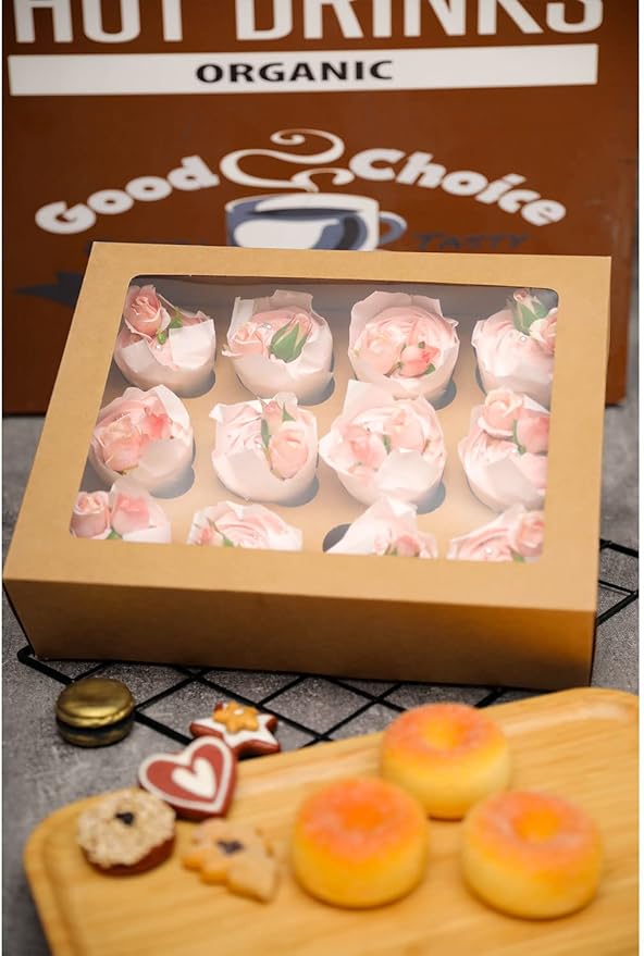 Bakepacker Auto-pop up 12 Cupcake Containers 6-Packs Brown Cupcakes Carrier, 12 Cupcake Boxes with Window 13"x10"x3.5"