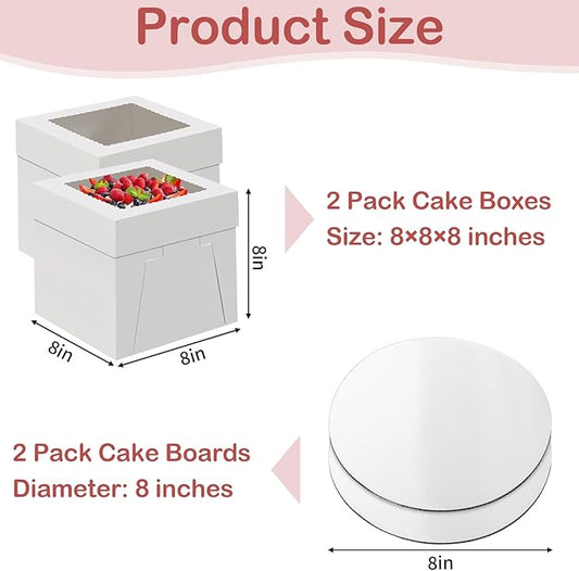 WINKIO Cake Box with Cake Boards, 2 Pack 8 In Disposable Cake Carrier, Cakes Transport Container, White Bakery Holder with Window (2, white, 8x8x8 In)