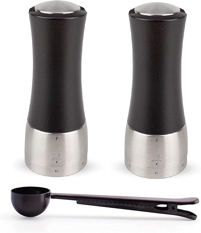 Peugeot Madras U'Select Shaftless 6-1/2-Inch Salt & Pepper Mill Gift Set, Chocolate - With Stainless Steel Spice Scoop & Clip
