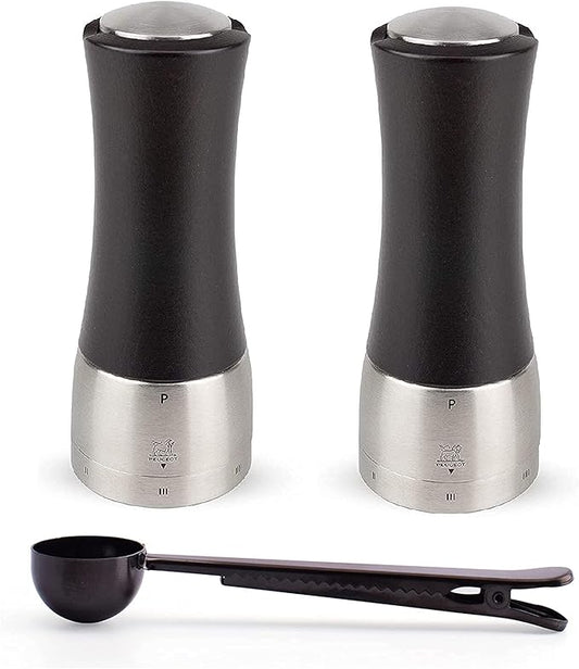 Peugeot Madras U'Select Shaftless 6-1/2-Inch Salt & Pepper Mill Gift Set, Chocolate - With Stainless Steel Spice Scoop & Clip