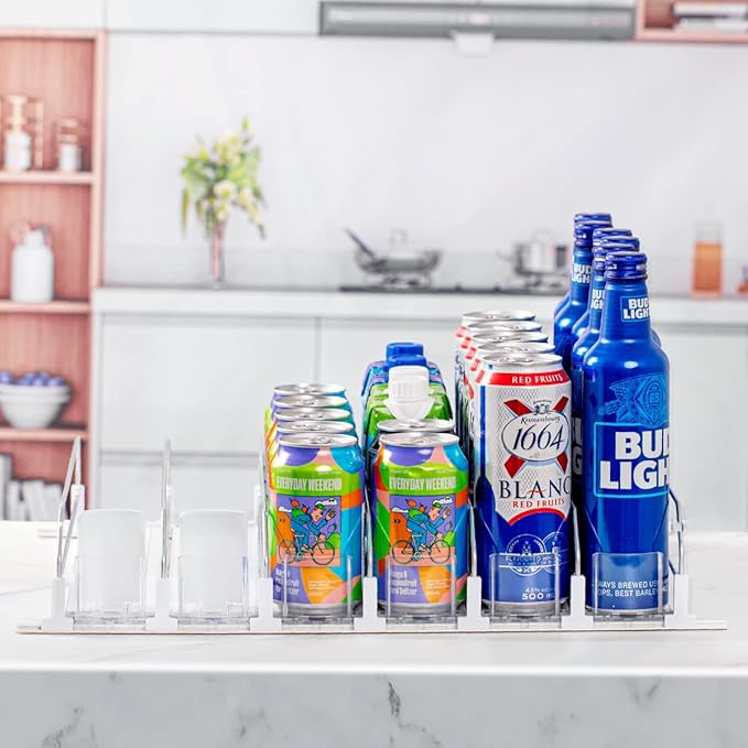 RULA Drink Organizer for Fridge, Width Adjustable Beverage Pusher Glide, Soda Can Dispenser for Refrigerator - Holds up to 30 Cans (15" D, 6 Rows)