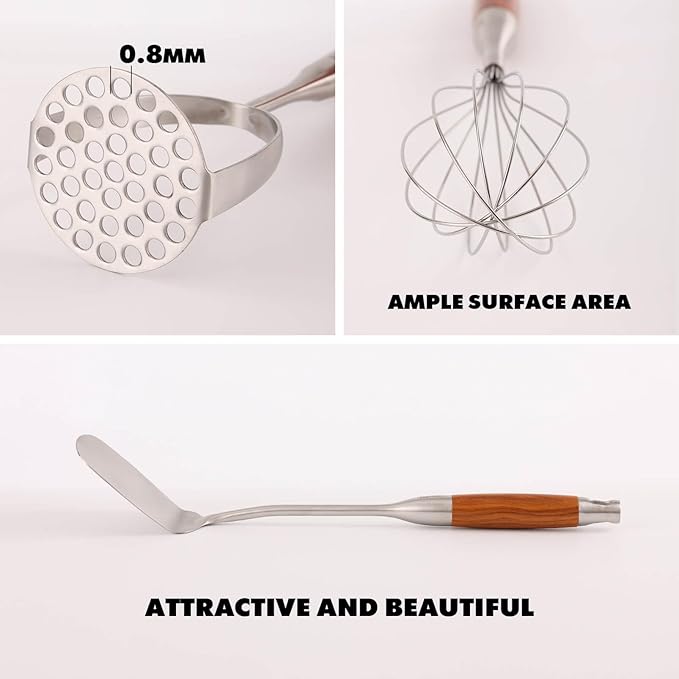 18/10 Stainless Steel Kitchen Utensils Set with Wooden Handle - 14 PCS Metal Cooking Tools & Serving Utensil, Large and Small Spoons Set - Whisk, Masher, Fork, Spatula, Turner, Ladle, Skimmer, Pasta