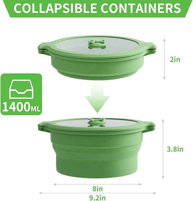 Collapsible Silicone Microwave Cookware Cooker Steamer for Cooking with Lids, 0.8L and 1.4L Glass Food Storage Container Sealed Bowl Mixing Bowls 3pc Set BPA Free