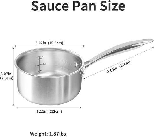 Macevia Sauce Pan with Glass Lid, 18/10 Stainless Steel Pot with Stay-Cool Handle, For All Stoves Multipurpose Use for Home Kitchen or Restaurant(1 Quart)- Silver