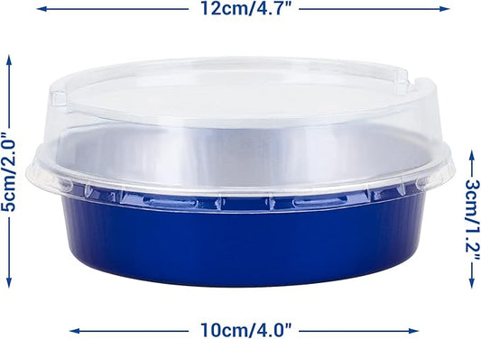 Beasea Mini Tart Pan 100 Pack with Lids, 4 Inch 8oz Blue Disposable Aluminum Baking Foil Tins Small Round Tart Container for Individual Dessert Cupcake Muffin Cheesecake Ramekins Quiche Oven Dishes