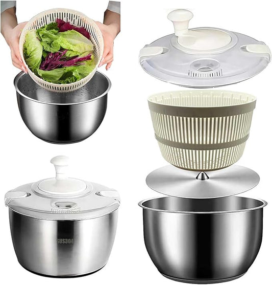 5.3QT Stainless Steel Salad Spinner - Large Capacity Vegetable & Fruit Washer Cleaner, Salad Dryer with Quick Spin & Drain Outlet, Multi-Use Colander