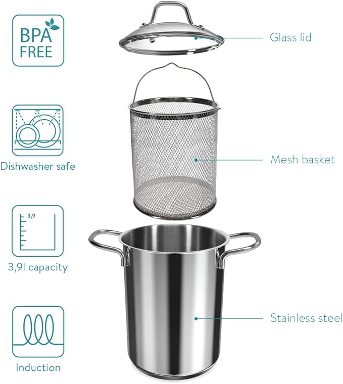 Navaris Asparagus Pot - Stainless Steel Asparagus Vegetable Steamer Spaghetti Pasta Stovetop Cooker with Removable Basket and Lid - BPA Free - 4.1 Qt