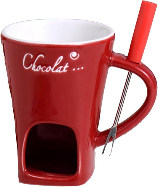 Multi functional ceramic chocolate hot pot cup set,fondue cup, portable and easy to use, suitable for candle heating, creative dessert tools, with fork Gift Selection (red)