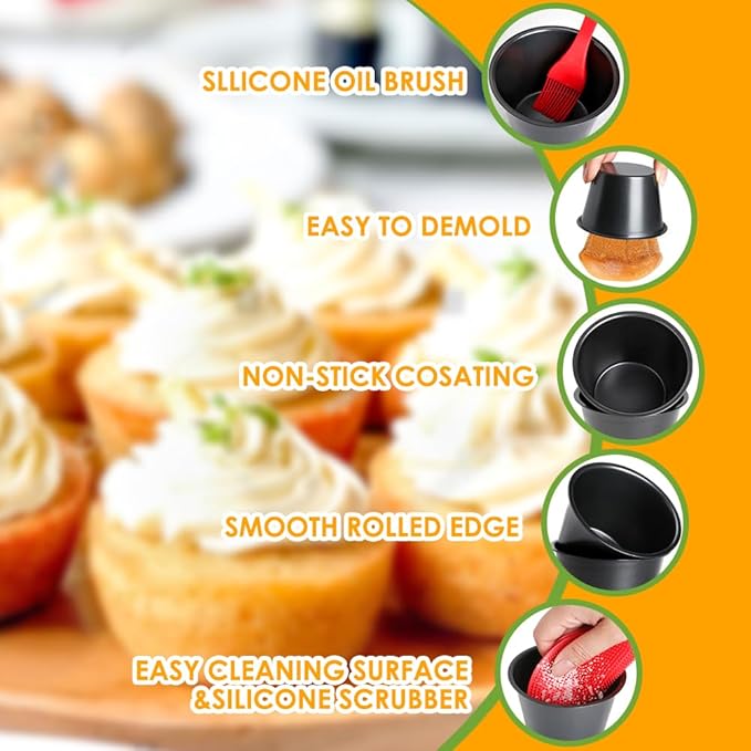 Popover Pans 4 Packs, Carbon Steel Pudding Cup Individual Muffin Cupcake Pan,Nonstick Large Round Oven Baking Egg Tart Molds for Cake with Oil & Dish Brush,Black(3.5"x2.2")