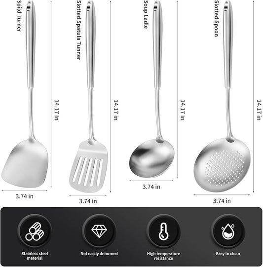 15" Wok Spatula and Ladle,Skimmer Spoon, Slotted Turner Spatula,304 Stainlss Steel Matte Kitchen Utensils Set,4PCS Wok Accessories,Cooking Utensils Tools