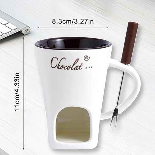 Chocolate Fondue Mug with Fork, Chocolate Fondue Cup, Personal Chocolate Melting Cup for Cheese, Ceramic Chocolate Melting Cup, Chocolate Melting Mug For Date Night Birthday Wedding Gifts (White)