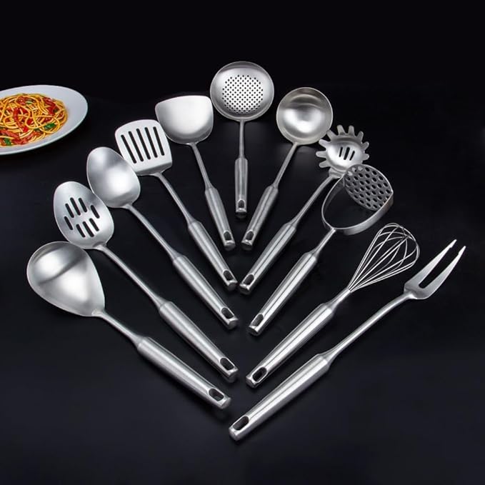 304 Stainless Steel Kitchen Utensils Set, 11PCS Metal Cooking Tools, Masher, Fork, Solid Spoon, Slotted Spoon, Spatula, Whisk, Skimmer, Slotted Spatula Tunner, Soup Ladle, Spaghetti Spoon, Large Ladle