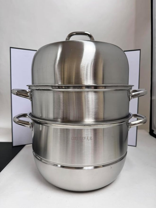 三层蒸锅 Lake Tian 3 Tier Stainless Steel Steamer Set with Glass Lid, Work with Gas, Grill Stove Top, Dishwasher Safe (30cm/11.8in new style)