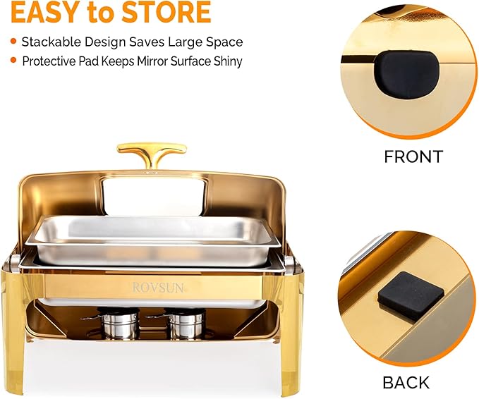 ROVSUN 9QT 2 Packs Roll Top Chafing Dish Buffet Set,Rectangular NSF Stainless Steel Buffet Warmer Chafers and Buffet Warmers Sets with Thick Frame for Catering Events Parties Weddings Dinners,Gold