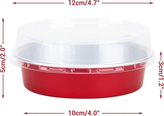 Beasea Disposable Mini Pie Tins with Lids, 100 Pack 4” 8oz Bright Red Aluminum Baking Foil Tins Small Round Tart Container for Individual Dessert Cupcake Muffin Cheesecake Ramekin Quiche Oven Dishes