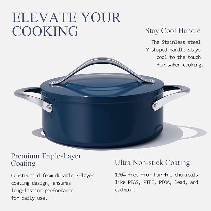 Stock Pot 4.5qt Dutch Oven with Lid (9.5") Nonstick Ceramic Coated Non-Toxic PFAS-Free Even Heat Distribution for Braising, Baking Bread & Soups, Compatible for All Cooktops(Induction/Gas/Electric) Oven Safe to 500ยฐF (Navy Blue)