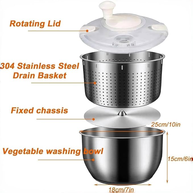 Salad Spinner Stainless Steel, Metal Salad Spinner, Salad Spinner Large, 6L with PP Cover, Essential Kitchen Tool for Dehydrating Lettuce, Fruits and Vegetables, Pasta and French Fries