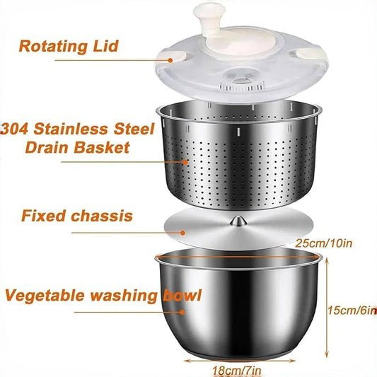 Salad Spinner Stainless Steel, Metal Salad Spinner, Salad Spinner Large, 6L with PP Cover, Essential Kitchen Tool for Dehydrating Lettuce, Fruits and Vegetables, Pasta and French Fries
