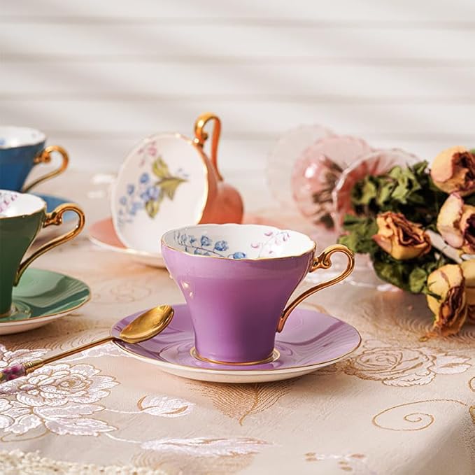 Aynsley Handpainting Colored Glaze Lily of the Valley Corset Fine Bone China English Tea Cup and Saucer Set, 6.1 oz (Purple)