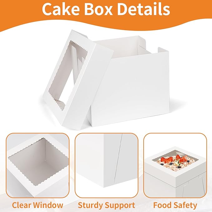 WINKIO Cake Box with Cake Boards, 5 Pack 10 Inch Disposable Cake Carrier, Cakes Transport Container, White Bakery Holder with Window (5, White, 10x10x8 In)