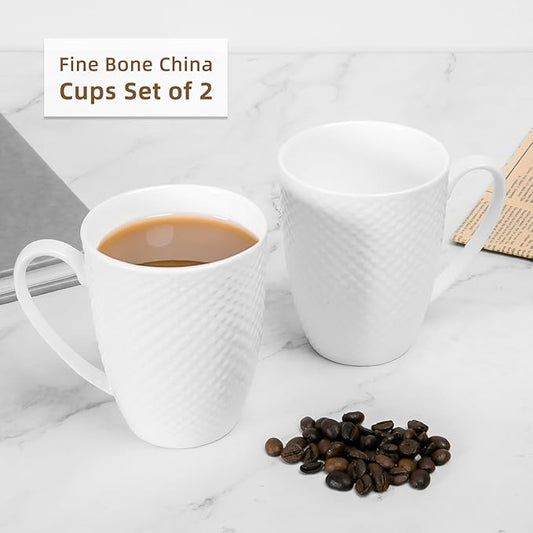 12 Oz White Coffee Mugs Set of 2, Fine Bone China Mugs, Ceramic Coffee Cups Set, Rhombus Relief Texture, Lightweight Tea Mugs for Latte, Hot Cocoa, Women, Men