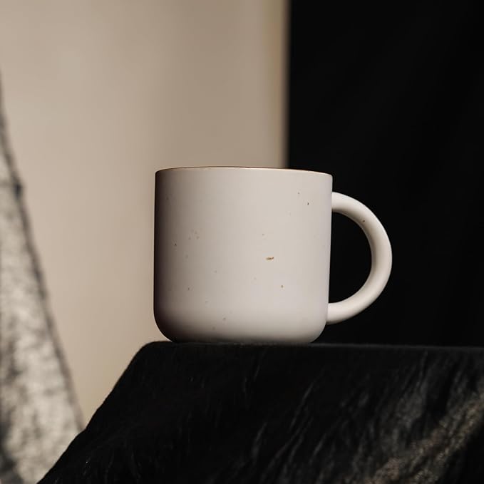 Stoneware White Coffee Mug, 12oz, Speckled Design, Rustic Brown Rim, Handmade