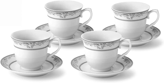 World Gifts Elegant Durable and Colorful Porcelain Tea-Coffee Cups and Saucers Set - Silver Floral, 8 oz. Set of 4