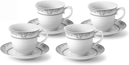 World Gifts Elegant Durable and Colorful Porcelain Tea-Coffee Cups and Saucers Set - Silver Floral, 8 oz. Set of 4