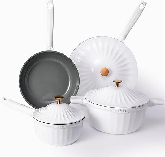 Nonstick Ceramic Cookware Set (7 Piece)–Titanium Cast Aluminum Pots and Pans Set with Lids, Non Toxic PFAS-Free Compatible with All Stovetops–Pearl White