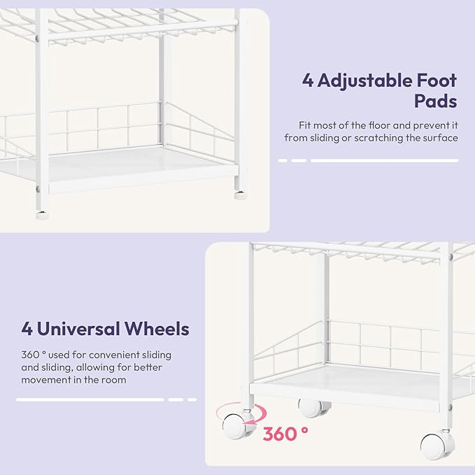 SWTYMIKI Can Organizer for Pantry - Stackable Rolling Snack Cart, Soda Can Organizer, Multi-Functional Shelf with Adjustable Wheels for Kitchen, Office, Living Room, White