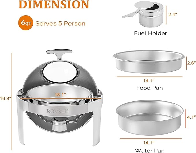 ROVSUN 6 Quart 2 Packs Round Roll Top Chafing Dish Buffet Set, Stainless Steel Chafer for Catering, Food Warmer with Glass Window for Party Wedding Banquet Graduation Event,Silver