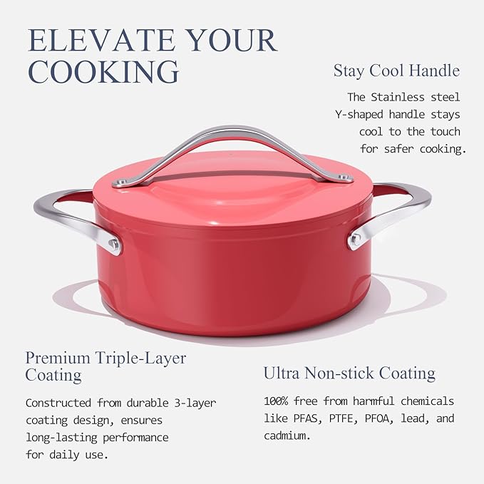 Stock Pot 4.5qt Dutch Oven with Lid (9.5") Nonstick Ceramic Coated Non-Toxic PFAS-Free Even Heat Distribution for Braising, Baking Bread & Soups, Compatible for All Cooktops(Induction/Gas/Electric) Oven Safe to 500ยฐF (Fusion Red)