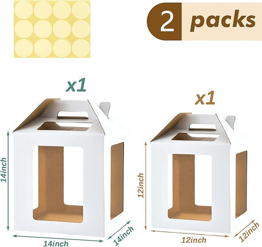 Tall Cake Boxes 6 Windows with handle, In 2 Size 12x12x12&14x14x14inch Cake Boxes for 12" & 14" Tiered Cakes,Square Cake Carrier,largeTake Out Transport Containers(2Pcs-White)