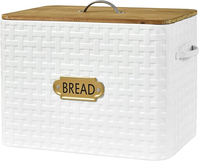 Extra Large Space Saving Farmhouse Bread Box With Wood Lid - Vertical Breadbox Bread Storage Bin Holder for Kitchen Countertop, White
