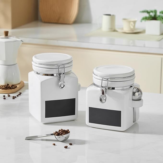 Ceramic Coffee Canister with Airtight Lid and Scoop, Large 74 Fl Oz / 2.2 L Kitchen Food Storage Container Jar for Grounds Coffee, Beans, Tea, Sugar, Flour, Cereal, Nuts, Cookie, White